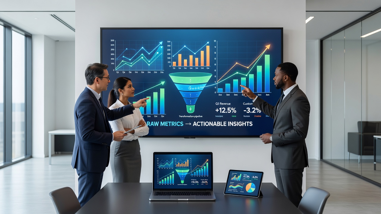 Business team reviewing interactive data visualizations on large screens to identify trends and make decisions