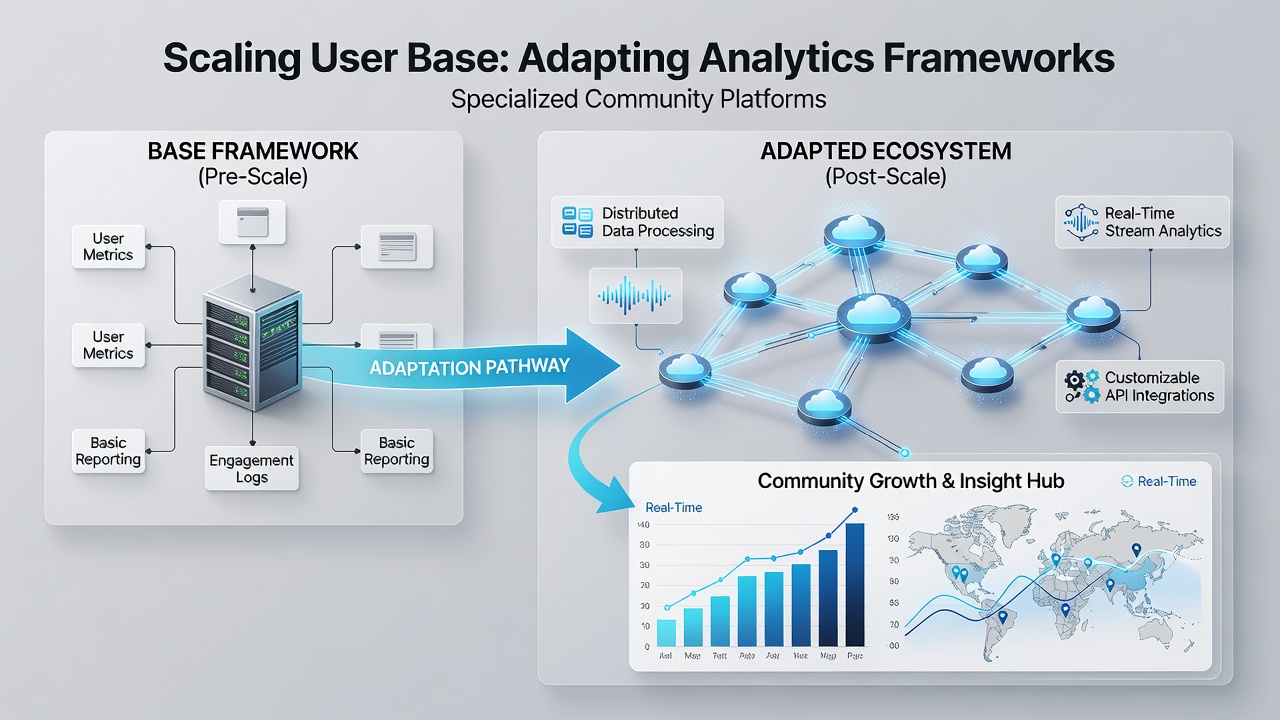 Diagram showing modular analytics components adapting to decentralized user interactions with data streams and processing nodes