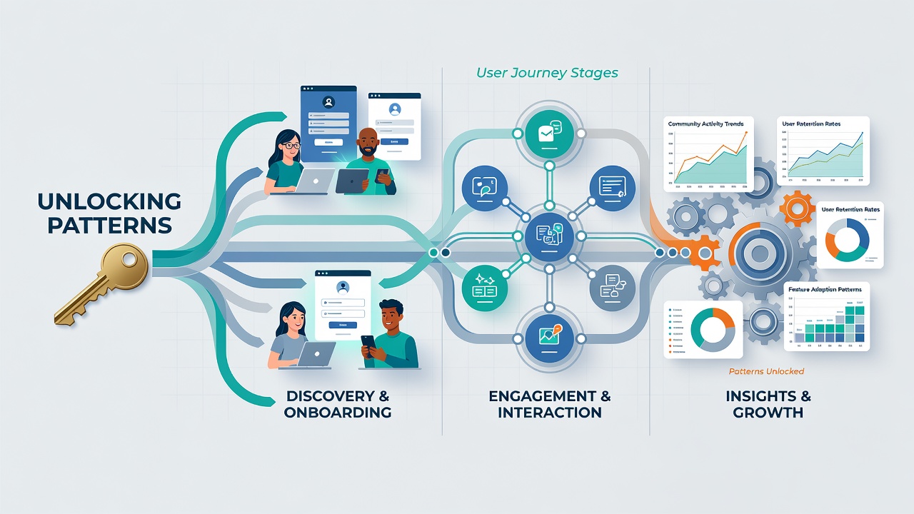 Detailed flowchart illustrating pattern recognition in user pathways across community-driven platforms with annotated stages